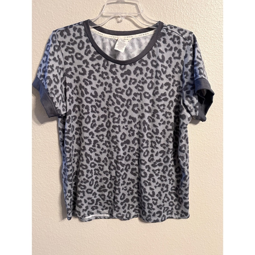 Lucky Brand Gray Leopard Print Short Sleeve T-Shirt Top - Medium